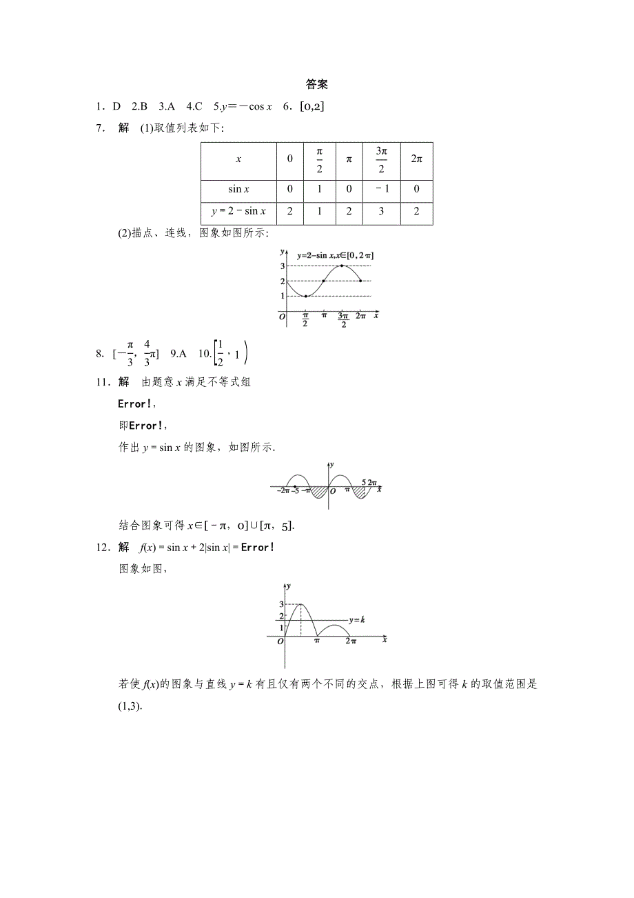 精修版高一数学人教B版必修4同步训练：1.3.1 正弦函数的图象与性质一 Word版含解析_第3页