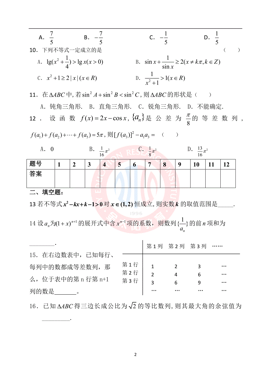 2013届高三数学客观题训练试题.doc_第2页