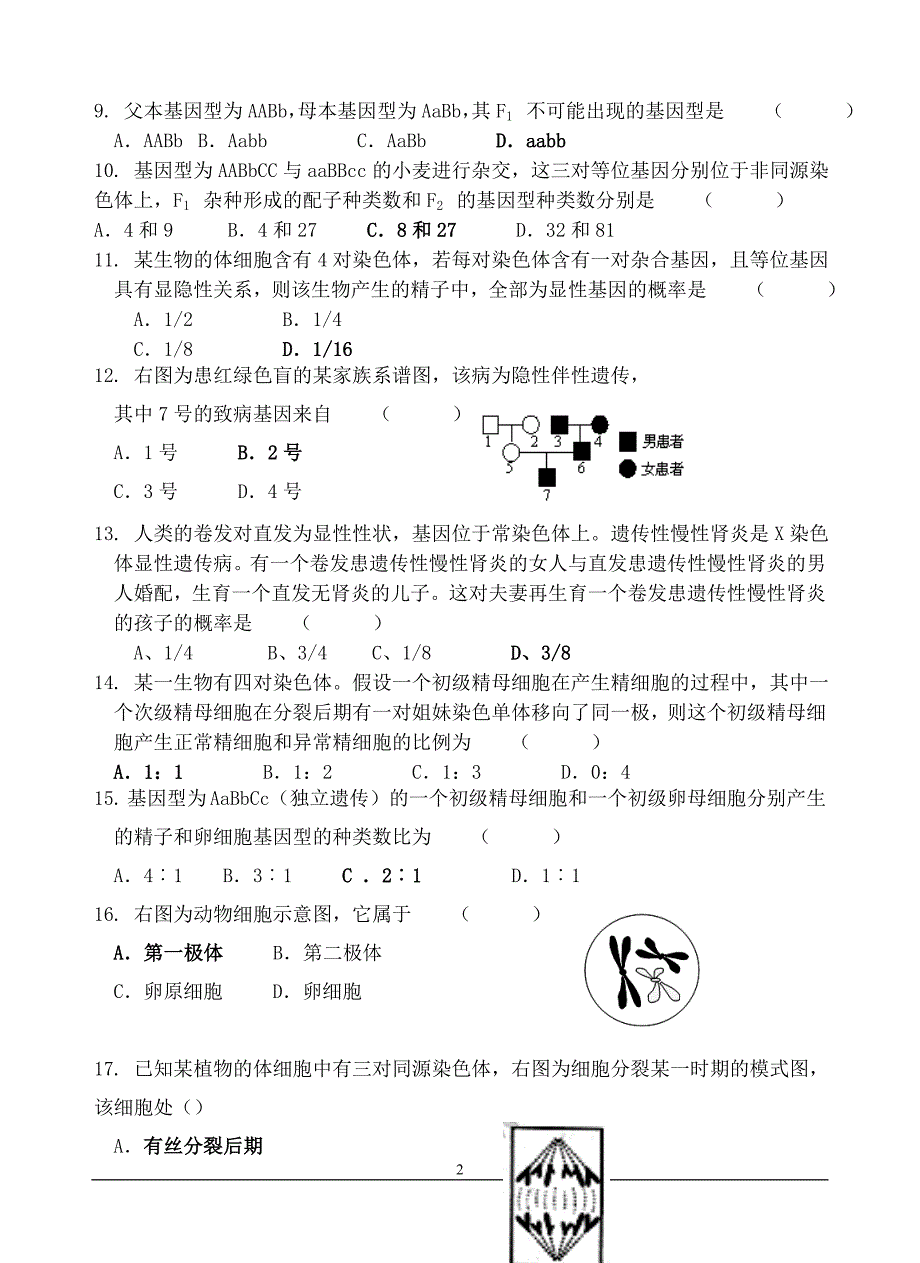 高一生物必修2第1-4章测试题答案.doc_第2页