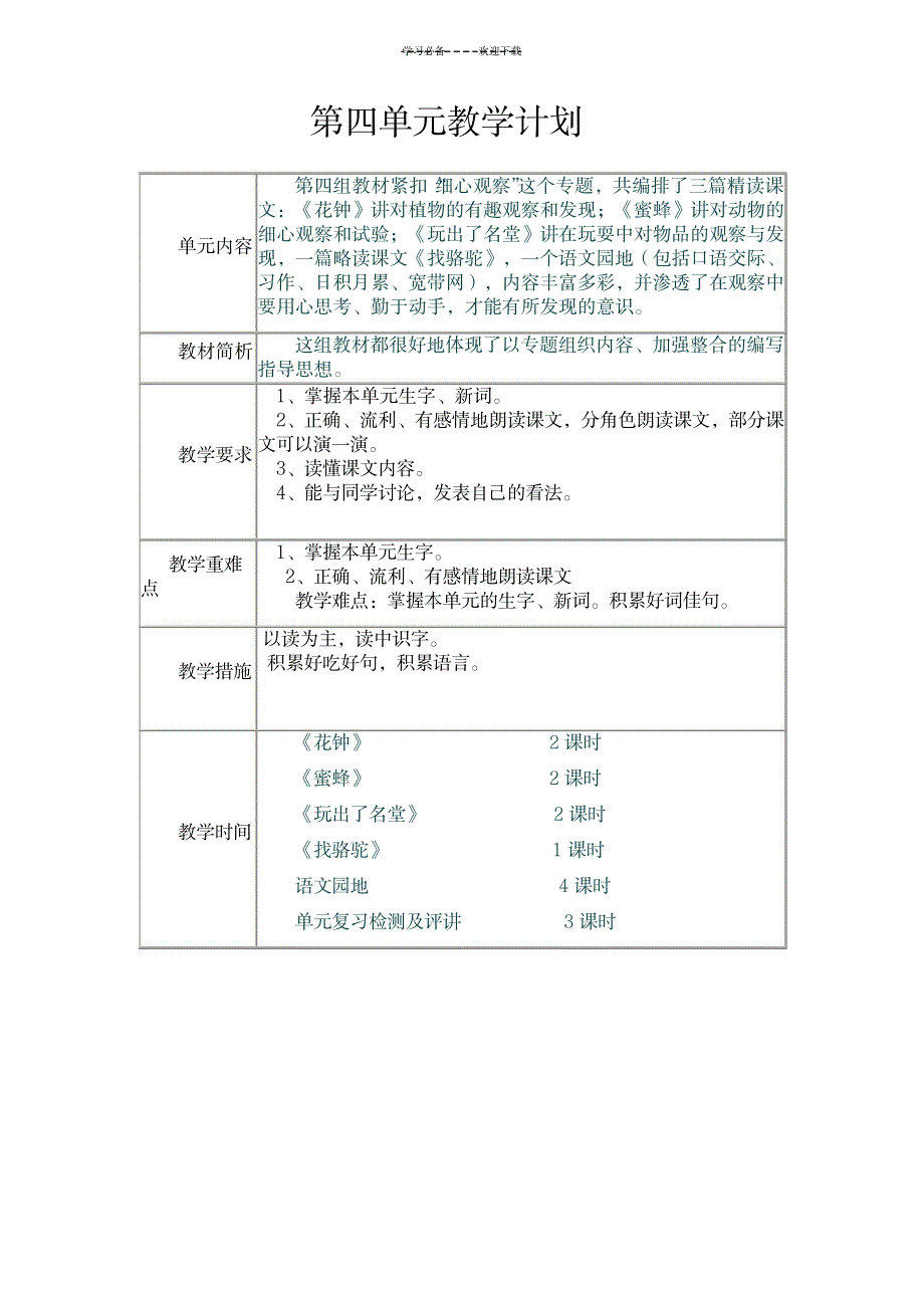 三年级上语文第四单元封面计划教案_小学教育-小学学案_第1页