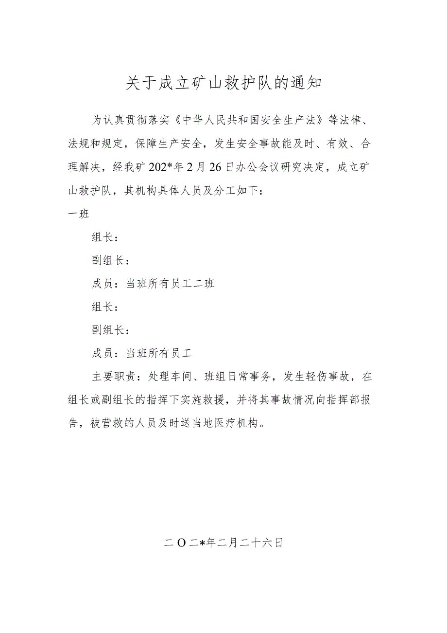 矿山救护队（应急救援队伍）设置文件_第1页