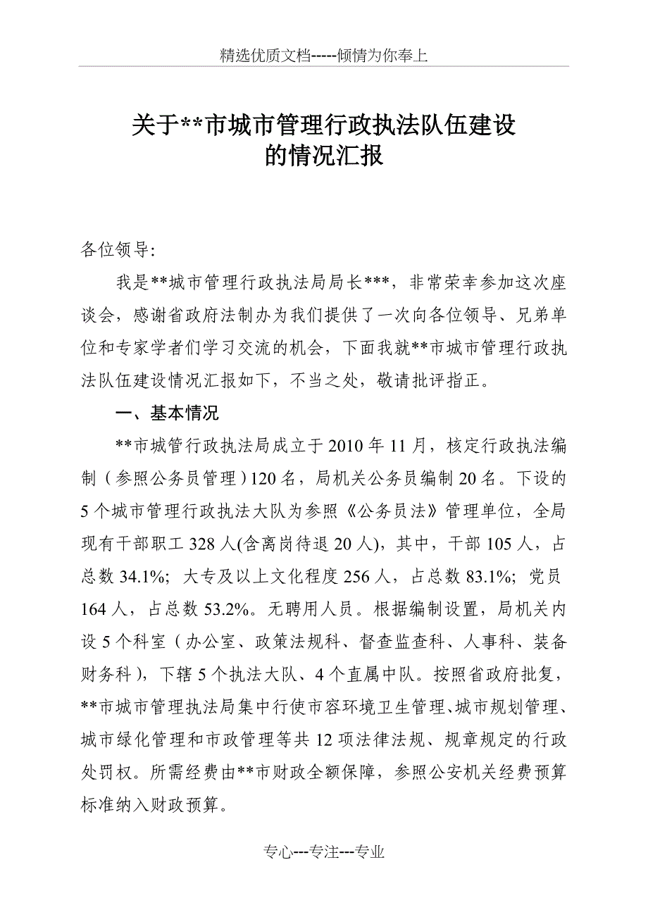 城管行政执法队伍建设专题座谈会汇报材料_第1页