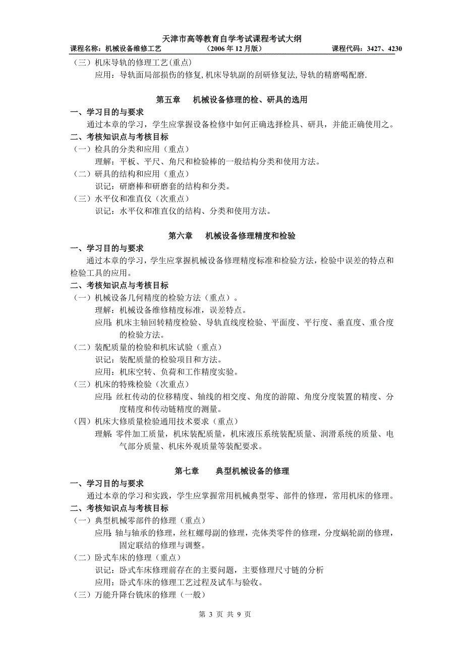 天津2012年自考“机械设备维修工艺”课程考试大纲.doc_第3页