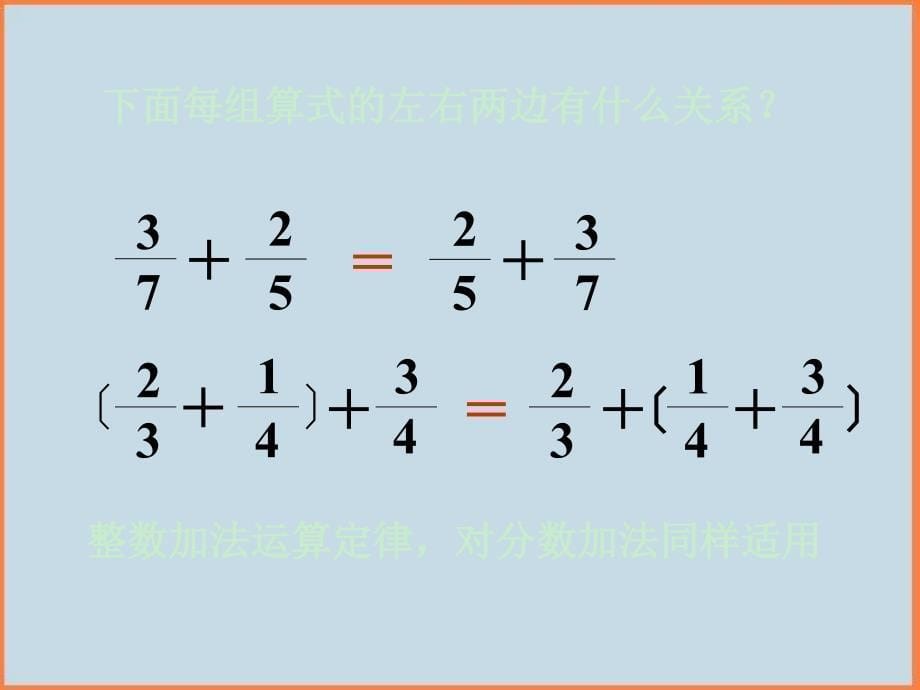 新人教版五年级数学下册整数加法运算定律推广到分数加法课件_第5页