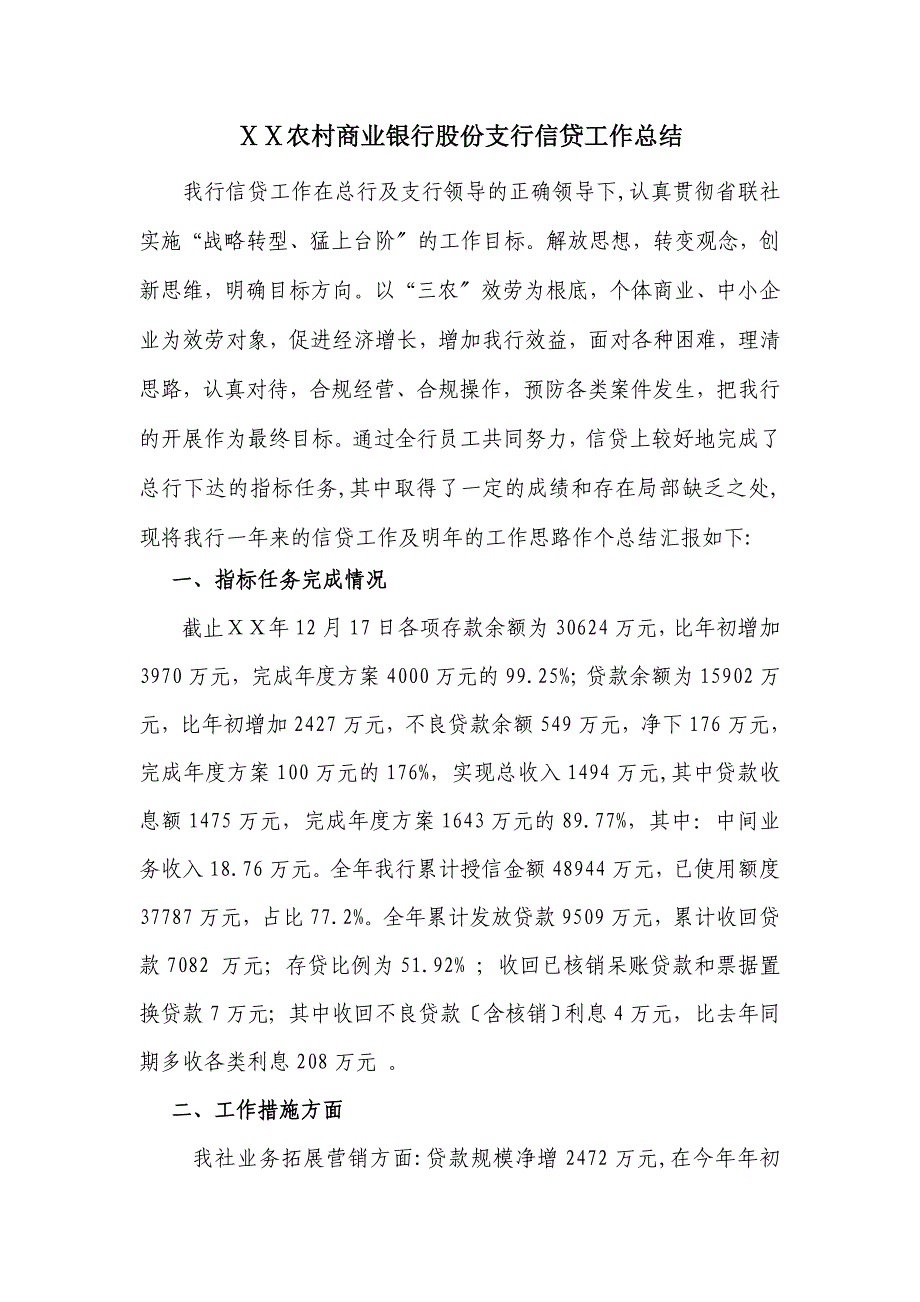 农村商业银行股份有限公司支行信贷工作总结_第1页