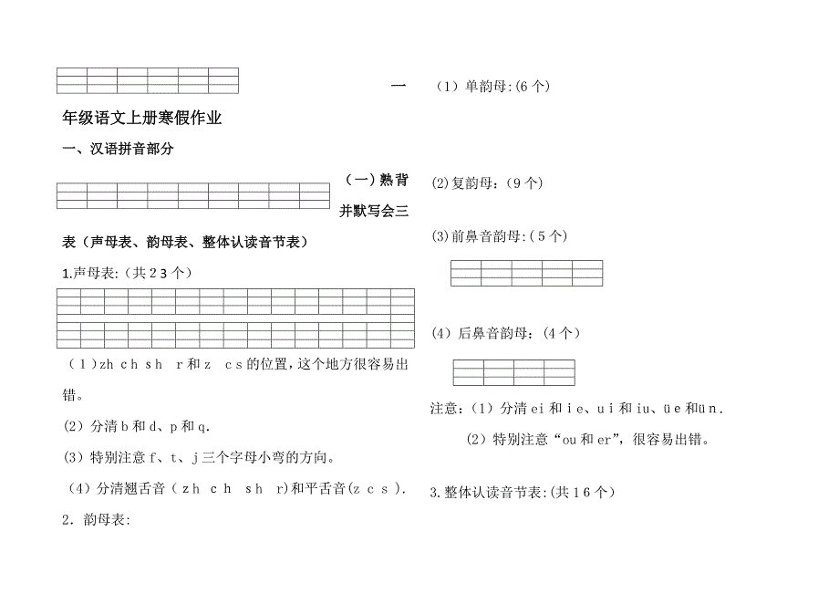 人教版一年级语文上册寒假作业完整版_第1页