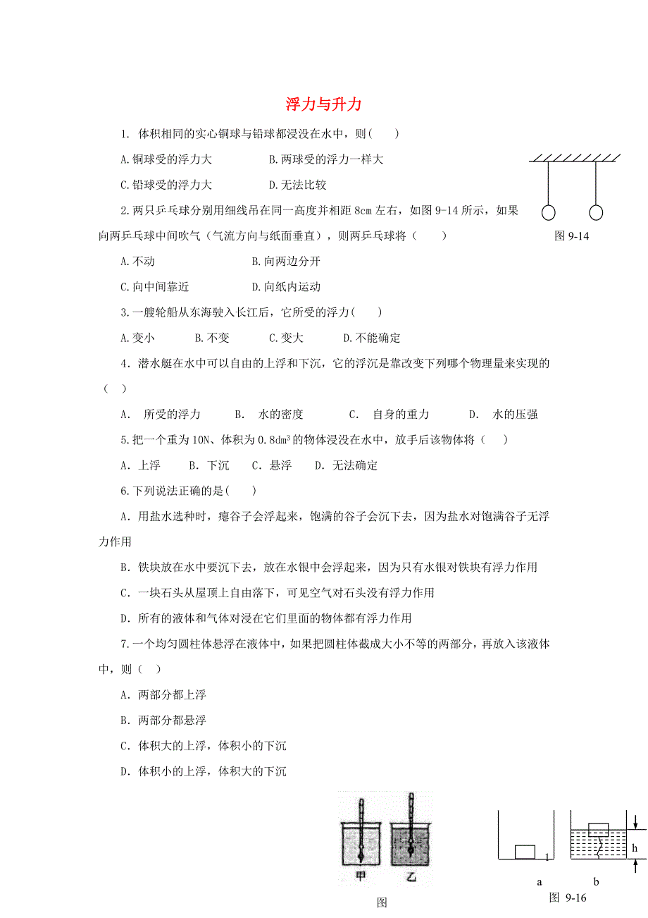 八年级物理下册 第九章《浮力与升力》单元综合测试1 （新版）粤教沪版_第1页