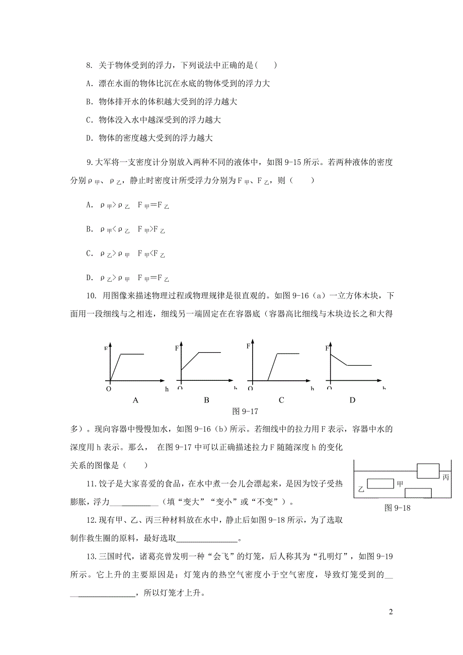 八年级物理下册 第九章《浮力与升力》单元综合测试1 （新版）粤教沪版_第2页