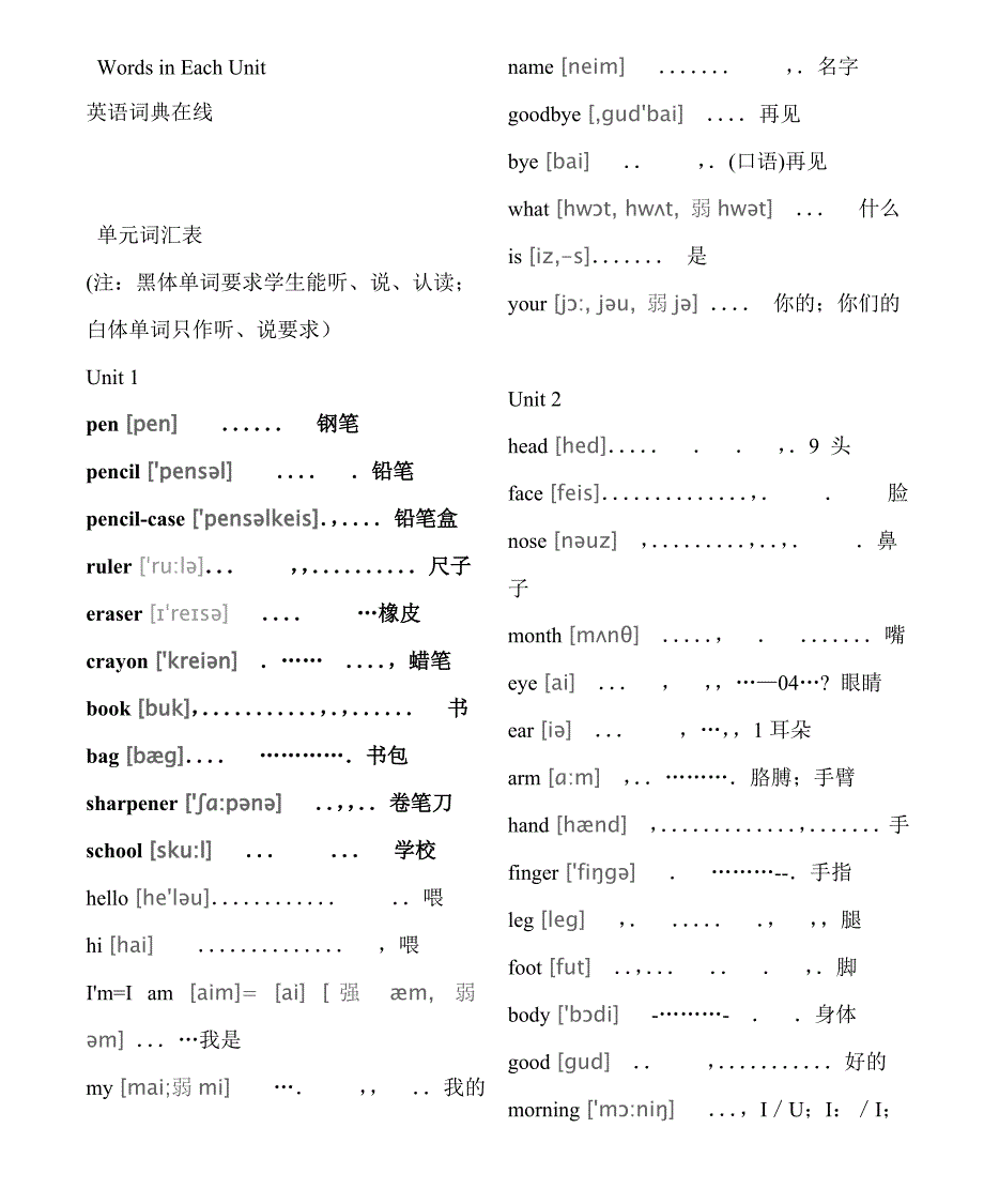 小学三年级上单元词汇表_第1页