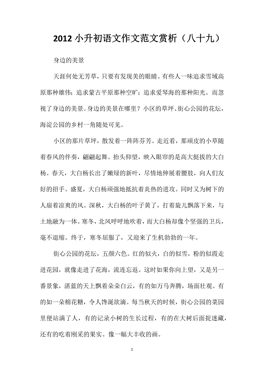 2012小升初语文作文范文赏析(八十九)_第1页