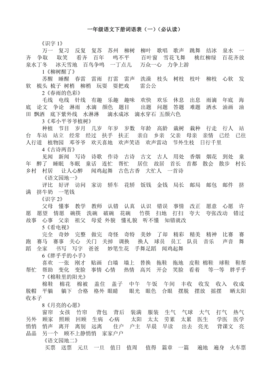 人教版一年级下册语文词语表_第1页