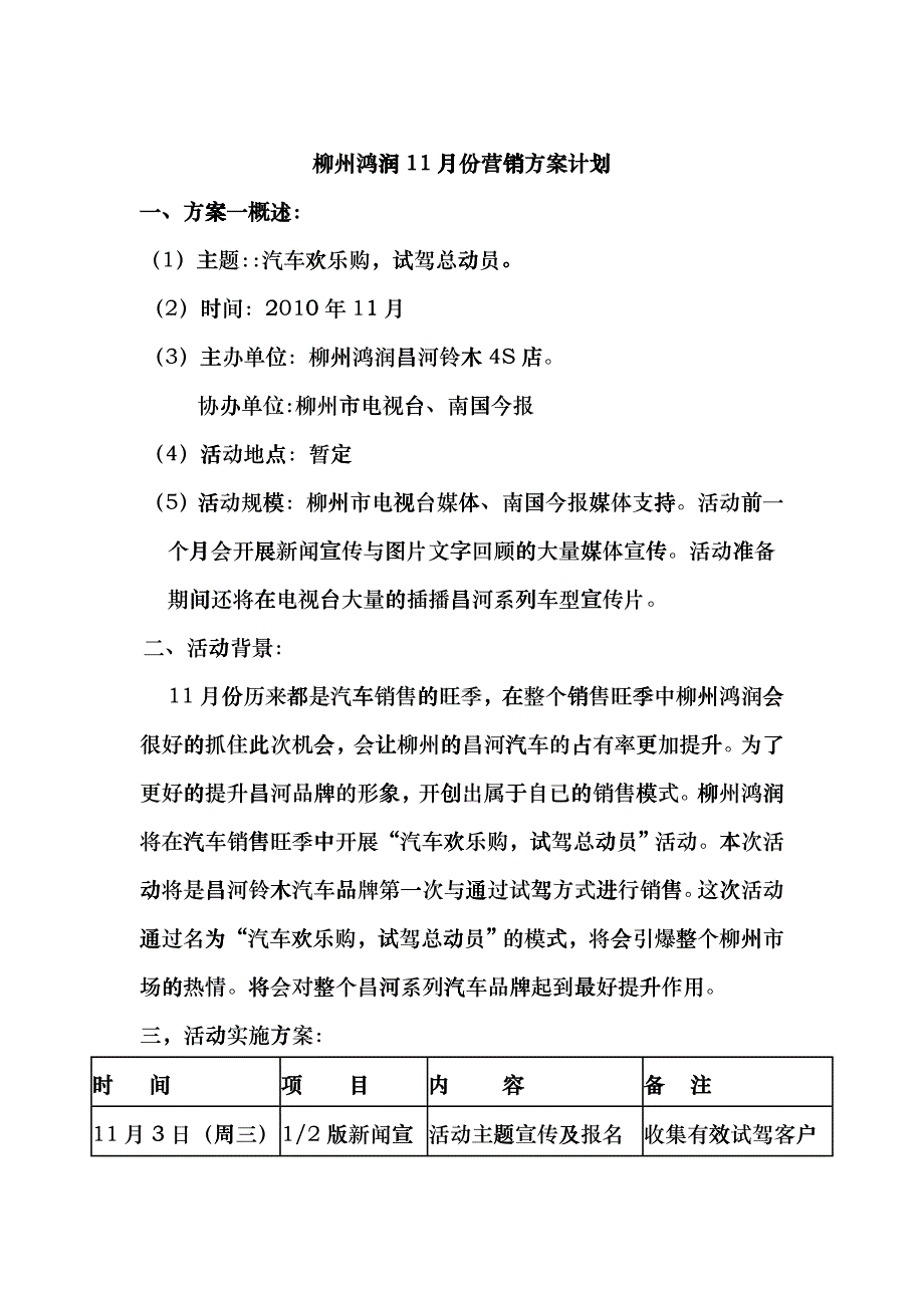 XXXX年柳州鸿润汽车4S店月份活动计划_第1页