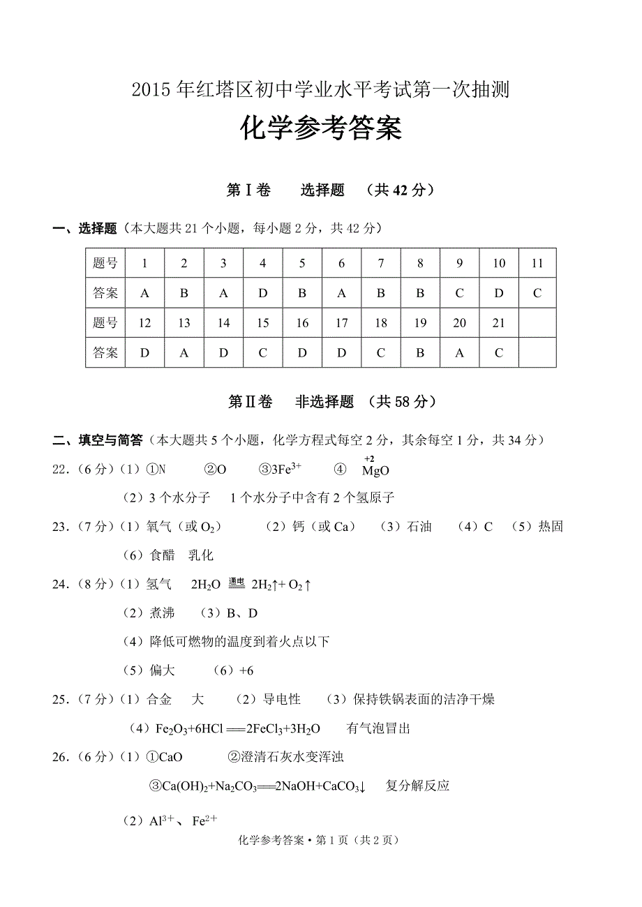 2015年红塔区学业水平检测化学参考答案_第1页