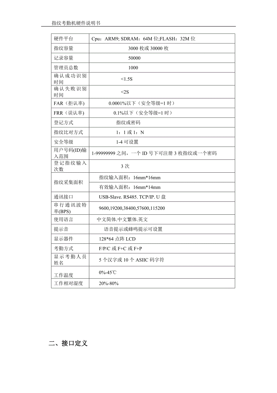 指纹考勤机硬件说明书_第4页