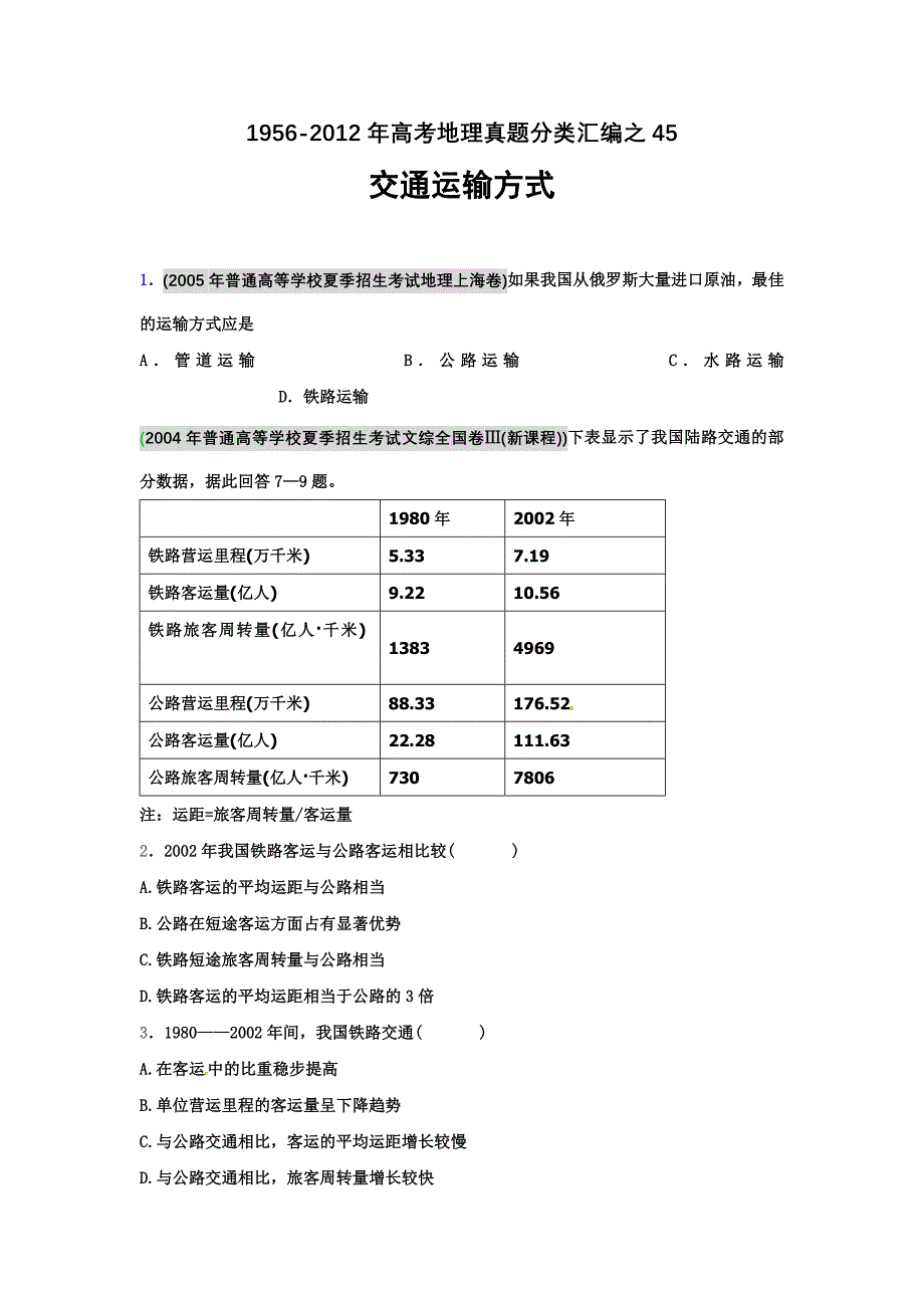 高考地理母题(1956-2012)汇编 考点45 交通运输方式(学生版).doc_第1页