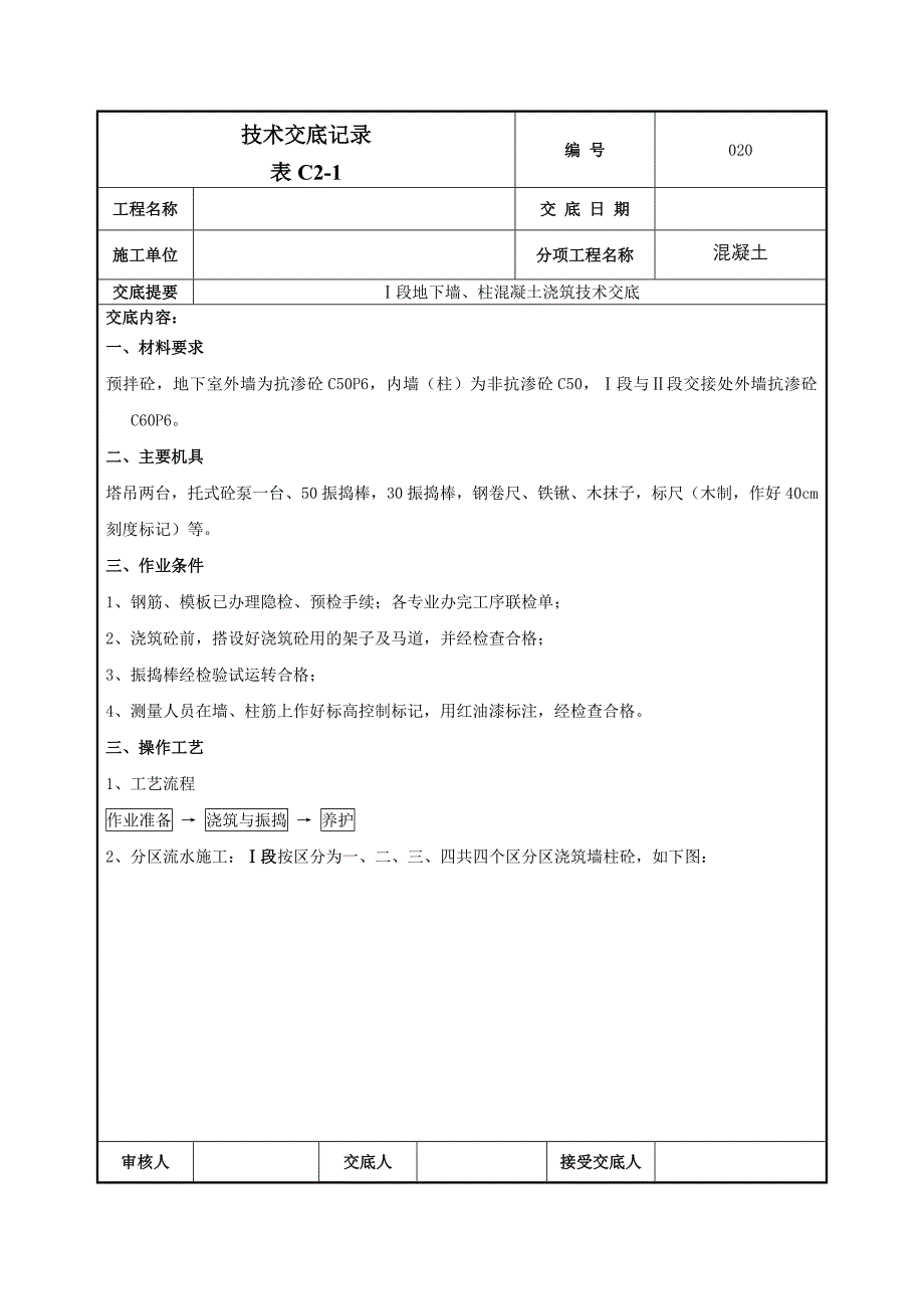 地下墙柱混凝土浇筑技术交底_第1页