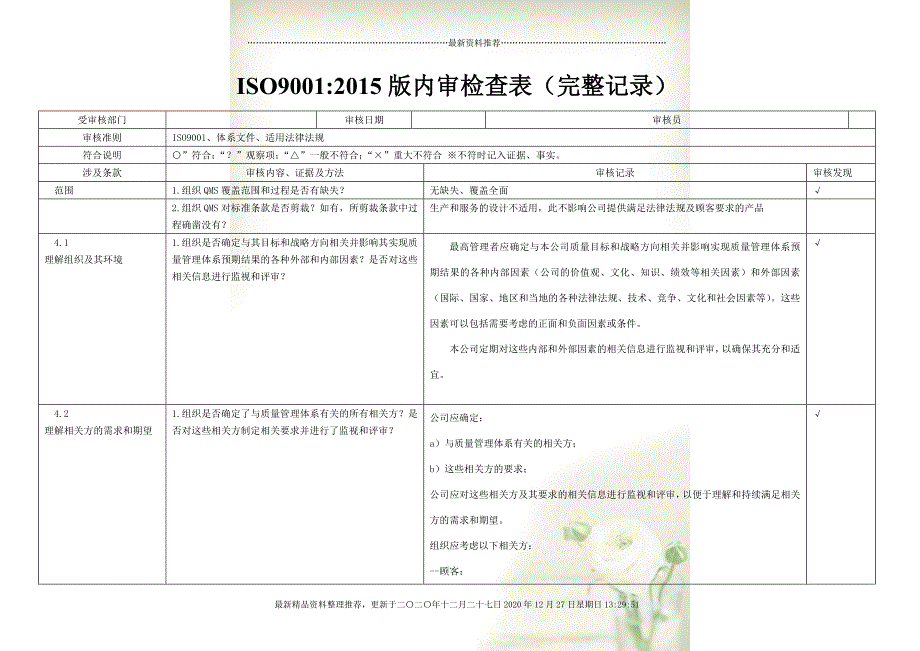 iso9001-2015内审检查表(带完整审核记录)-非常好(document31页)_第1页