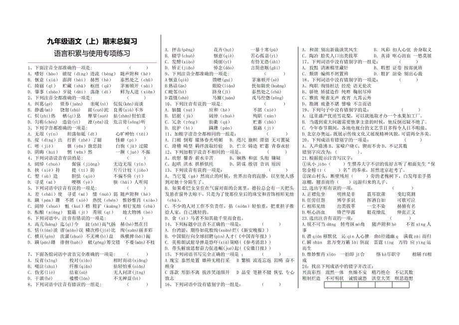 九年级语文上册语言积累与运用专项练习_第1页