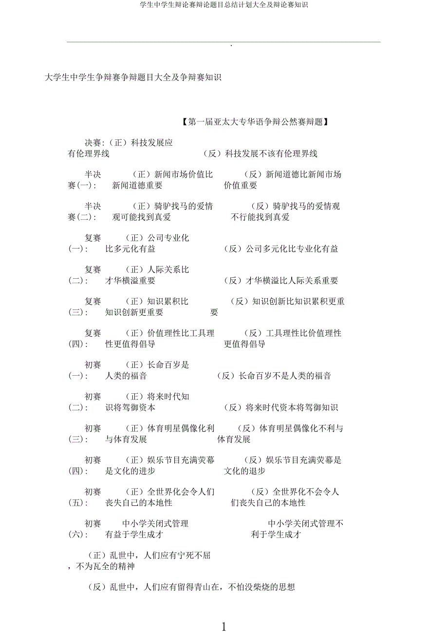 学生中学生辩论赛辩论题目总结计划大全及辩论赛知识.docx_第1页