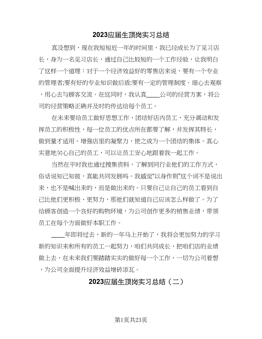 2023应届生顶岗实习总结（9篇）_第1页