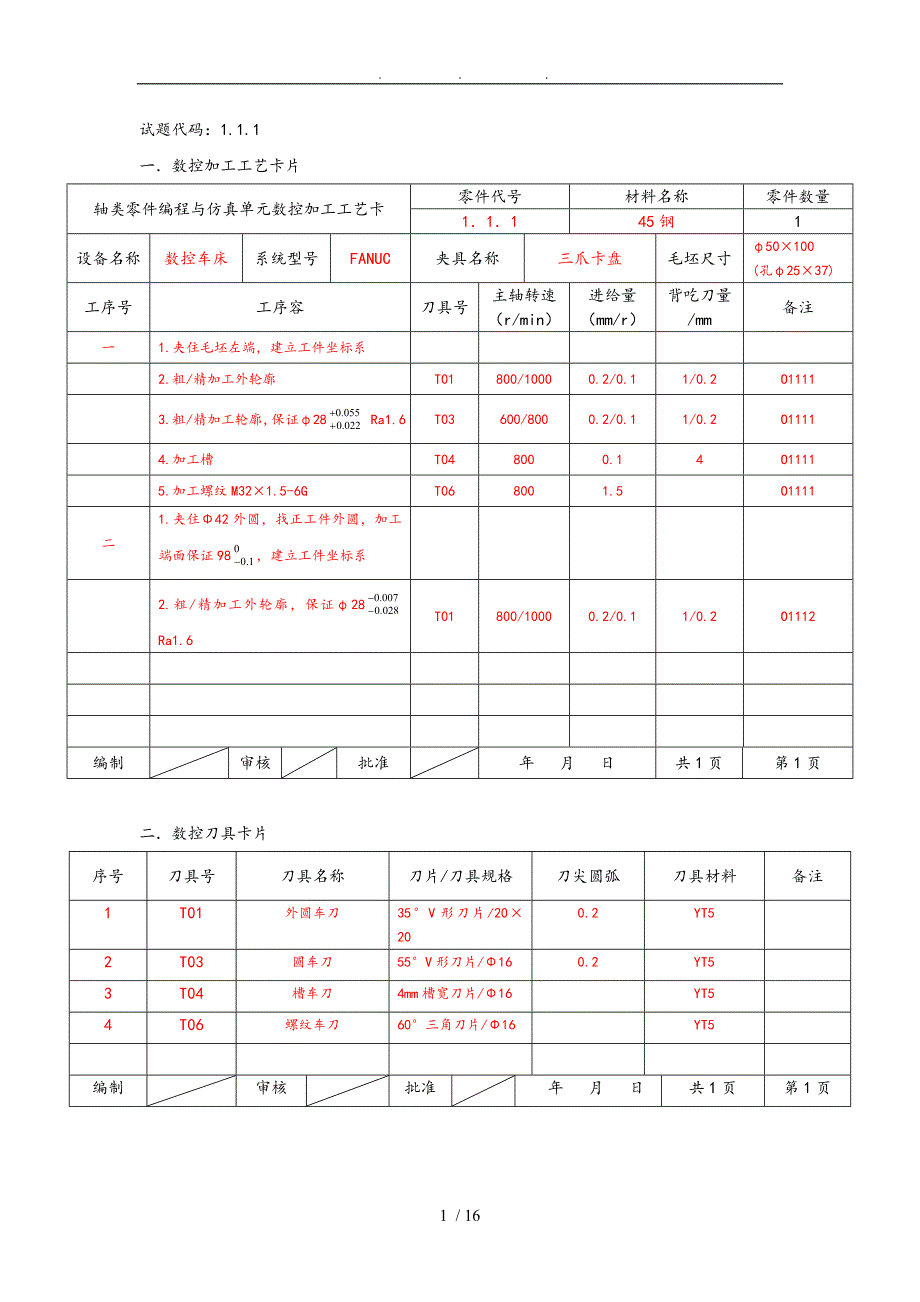 数控车四级工艺卡片_第1页