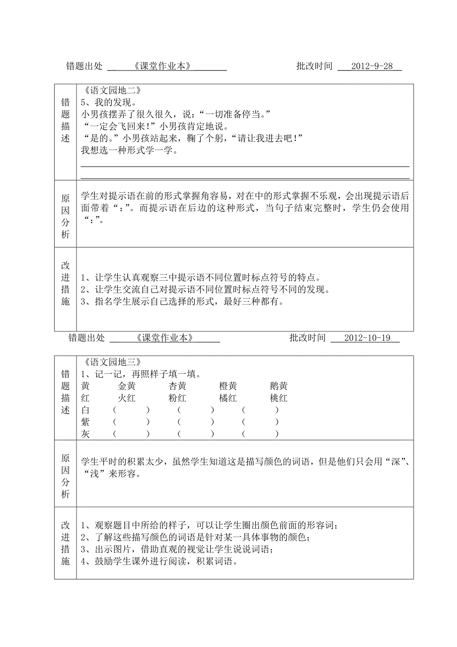 小学语文三年级上册错题分析记录表_第2页