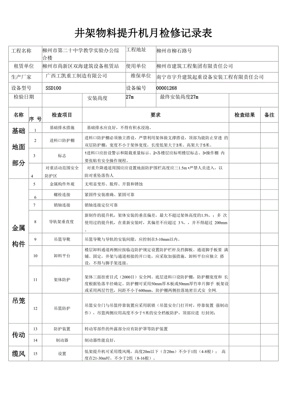 井架物料提升机安全使用日常检查记录表1_第2页