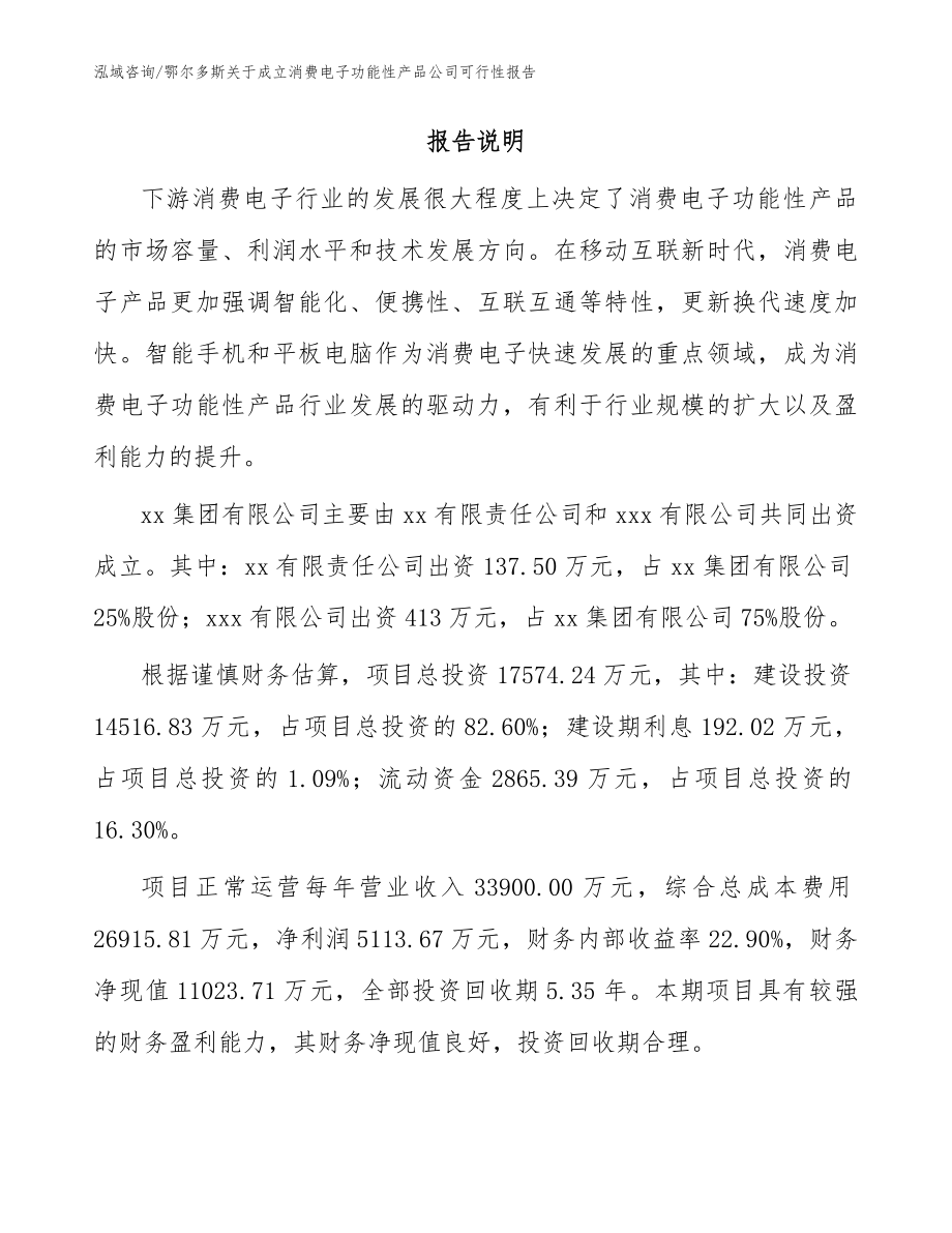 鄂尔多斯关于成立消费电子功能性产品公司可行性报告_模板范本_第2页