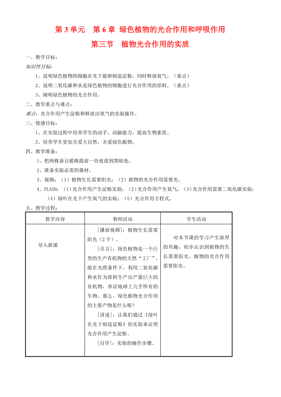七年级生物上册63植物光合作用的实质教案苏教版_第1页