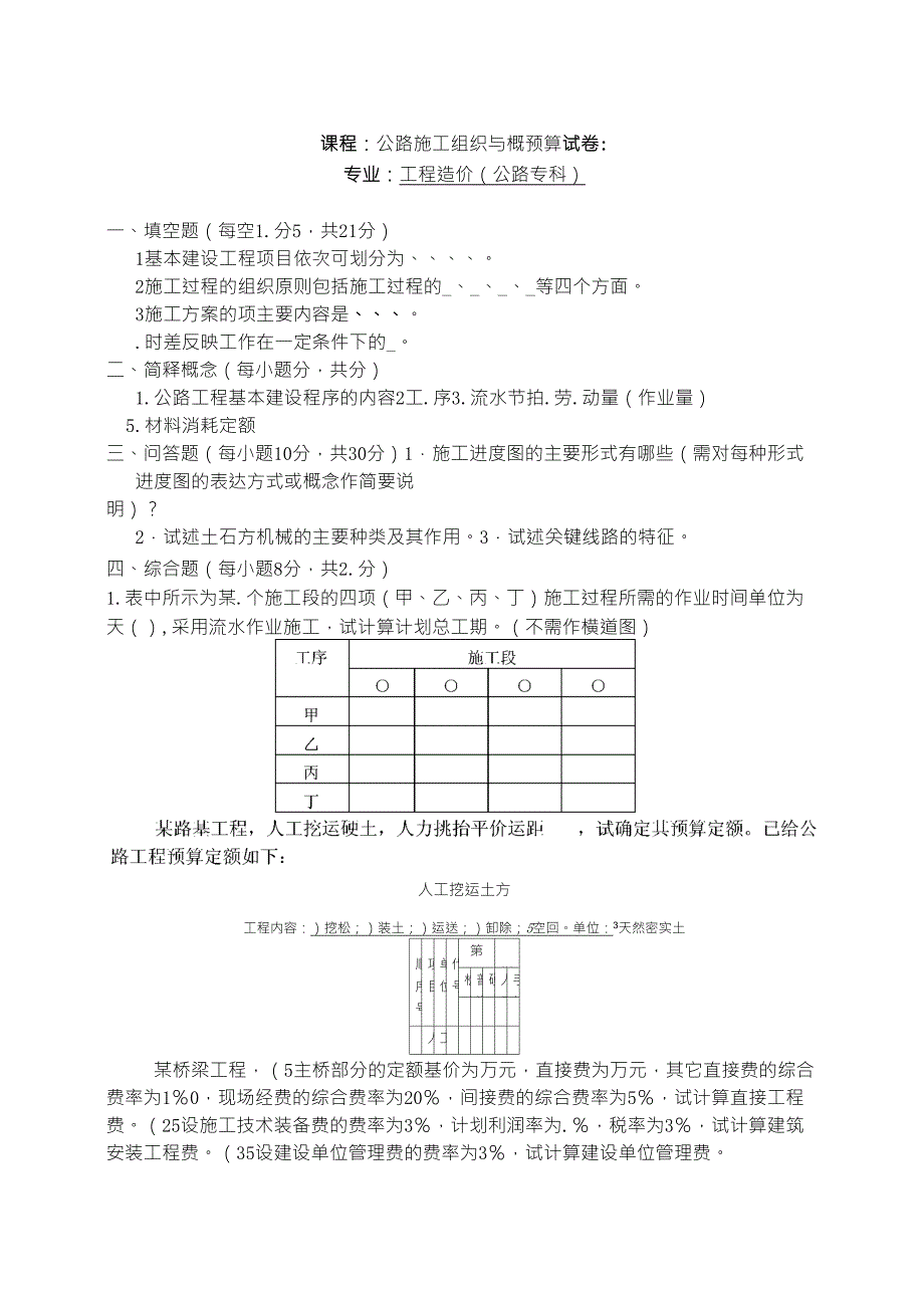 公路施工组织与概预算试卷_第1页