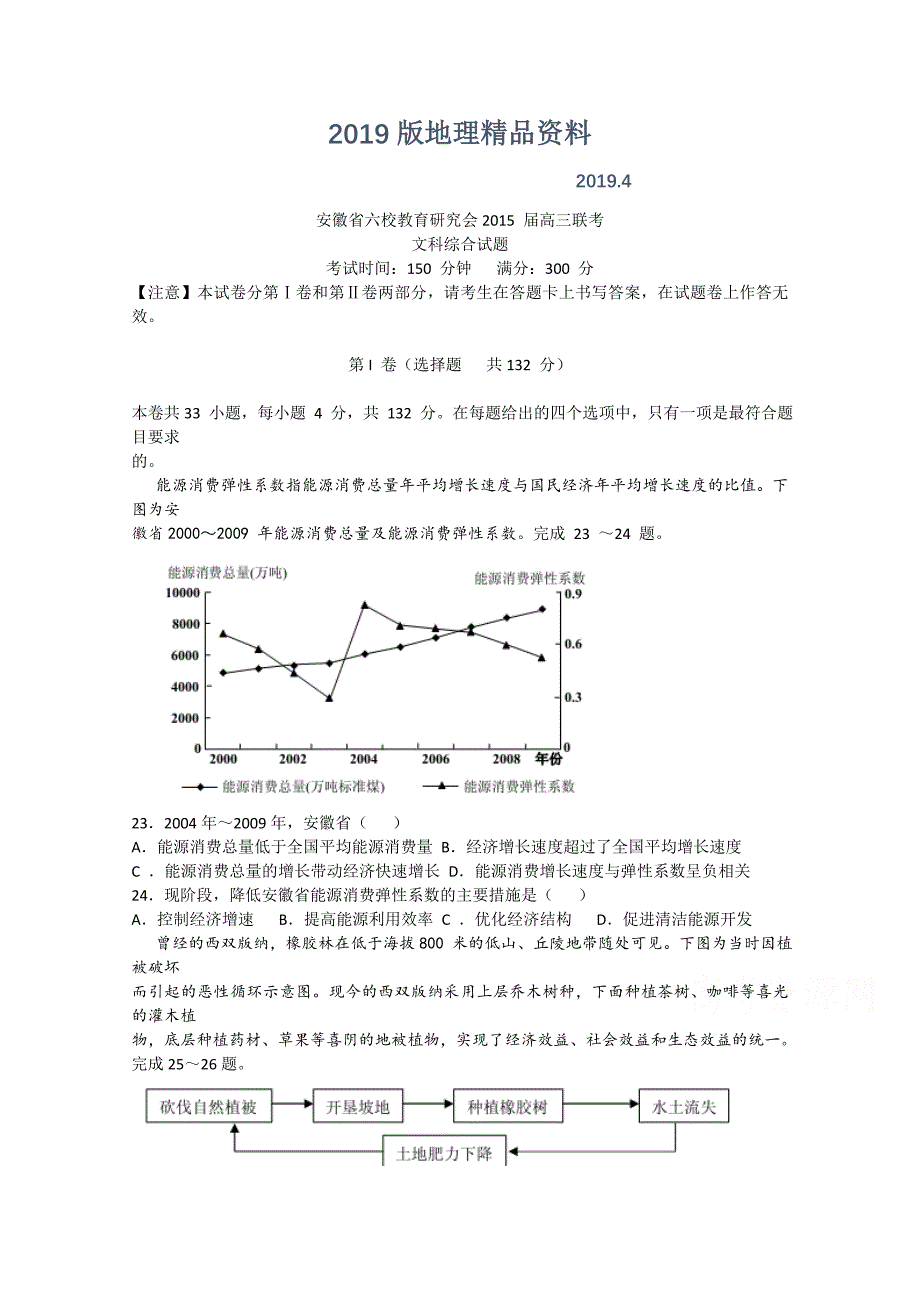 安徽省六校教育研究会高三第二次联考地理试题及答案_第1页