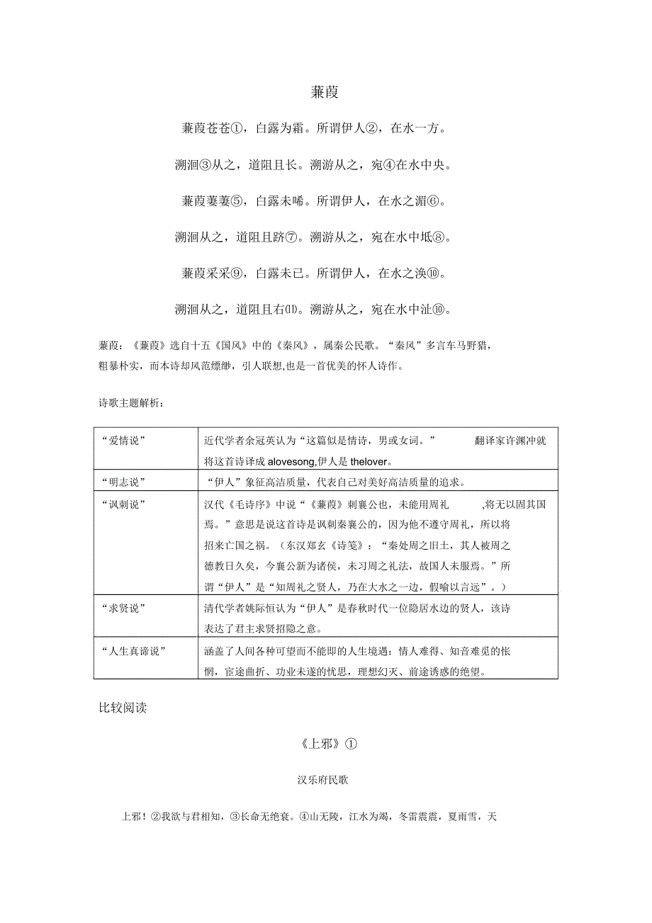 中考语文《蒹葭》课内梳理、探究与默写、多角度赏析练习.doc_第1页