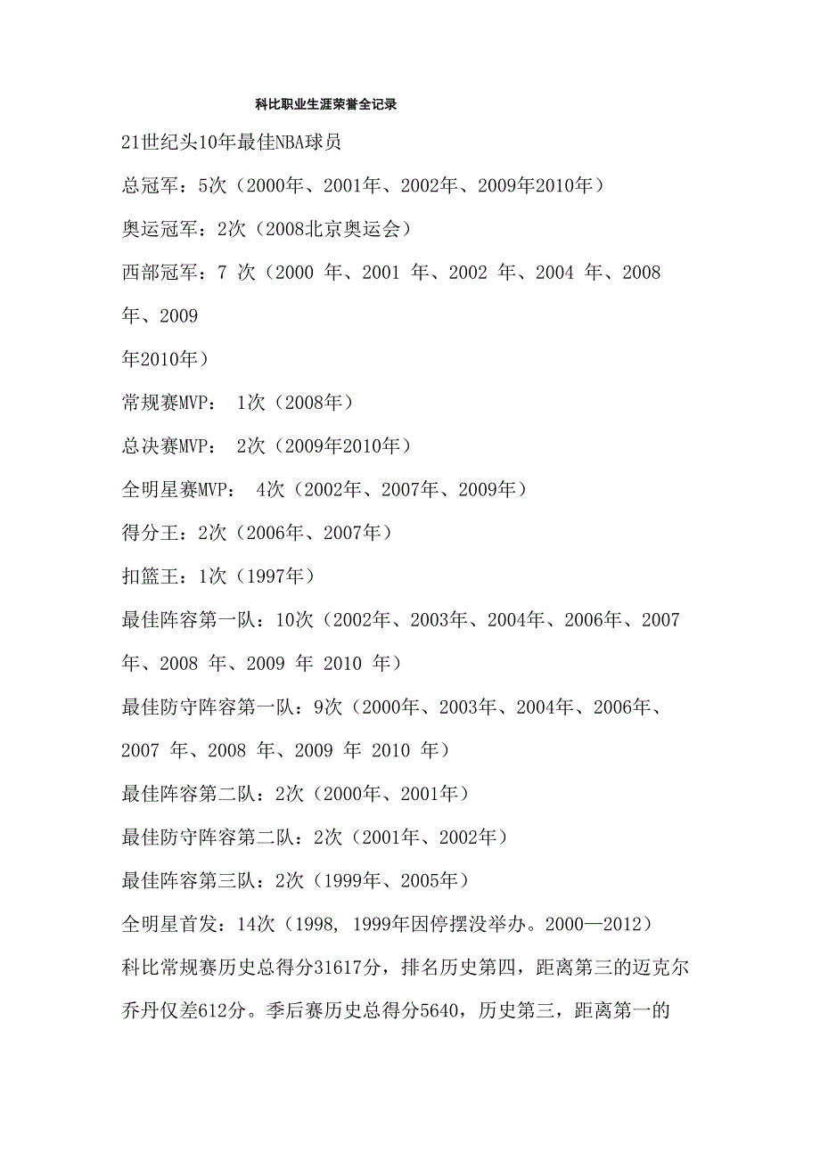 科比职业生涯荣誉全记录_第1页