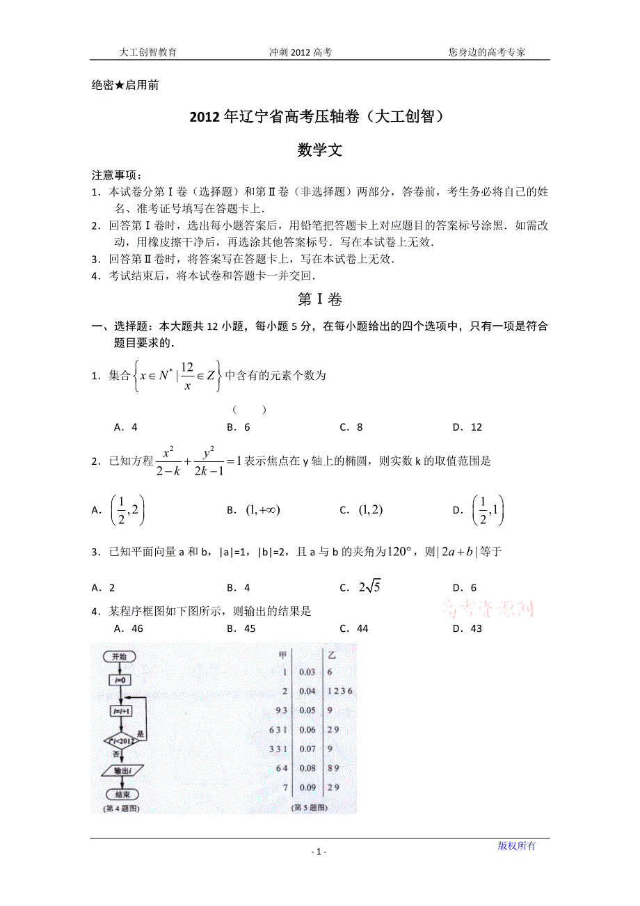 2012年辽宁省高考压轴卷数学文试卷.doc_第1页