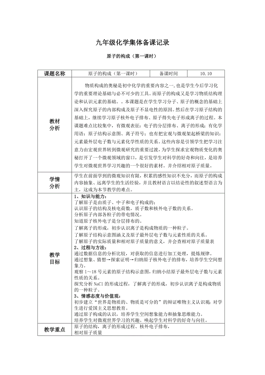 九年级化学集体备课记录_第1页