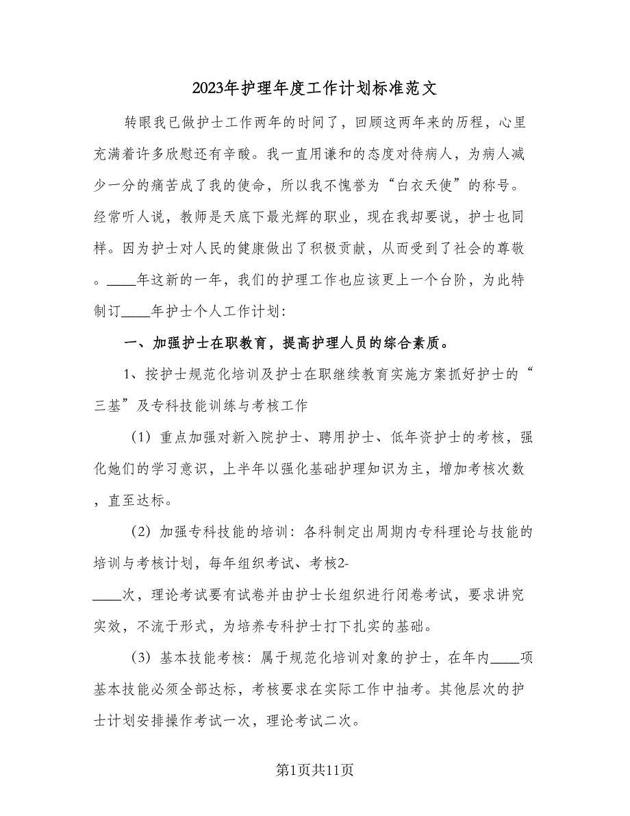 2023年护理年度工作计划标准范文（4篇）.doc_第1页