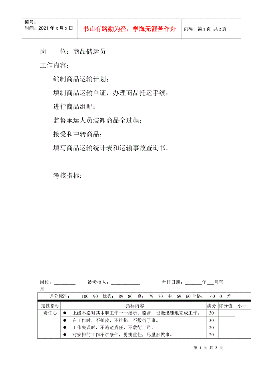 岗位工作内容和年度定性考核指标-商品储运员_第1页