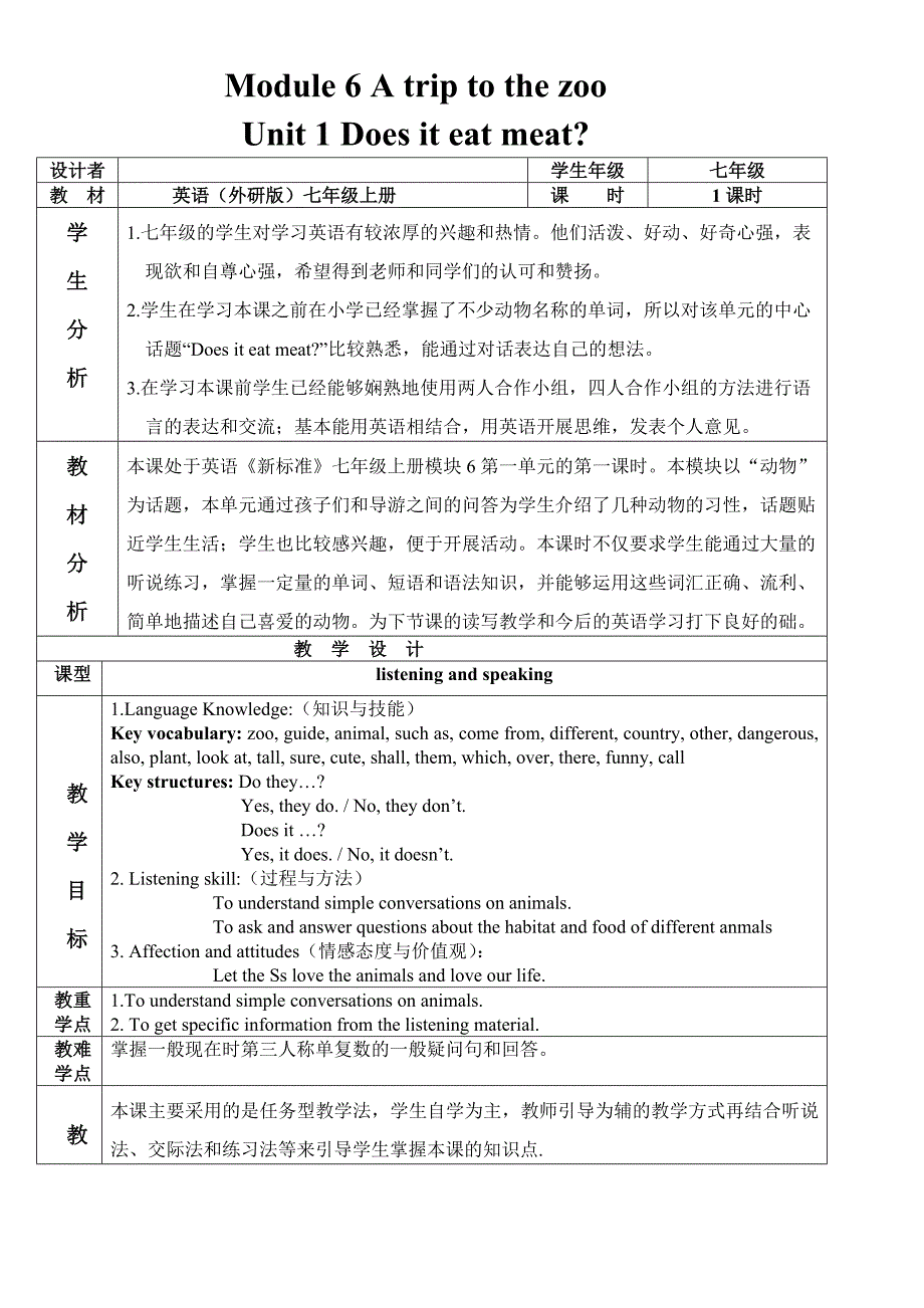 英语（外研版）七年级上册Unit 1 Does it eat meat_第1页