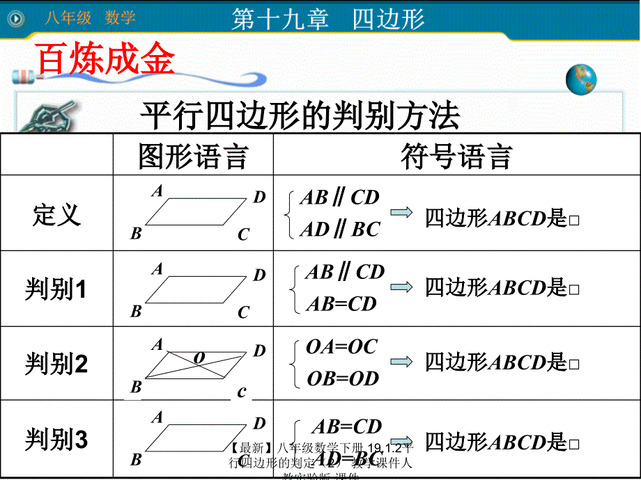 最新八年级数学下册19.1.2平行四边形的判定2教学课件人教实验版课件_第4页