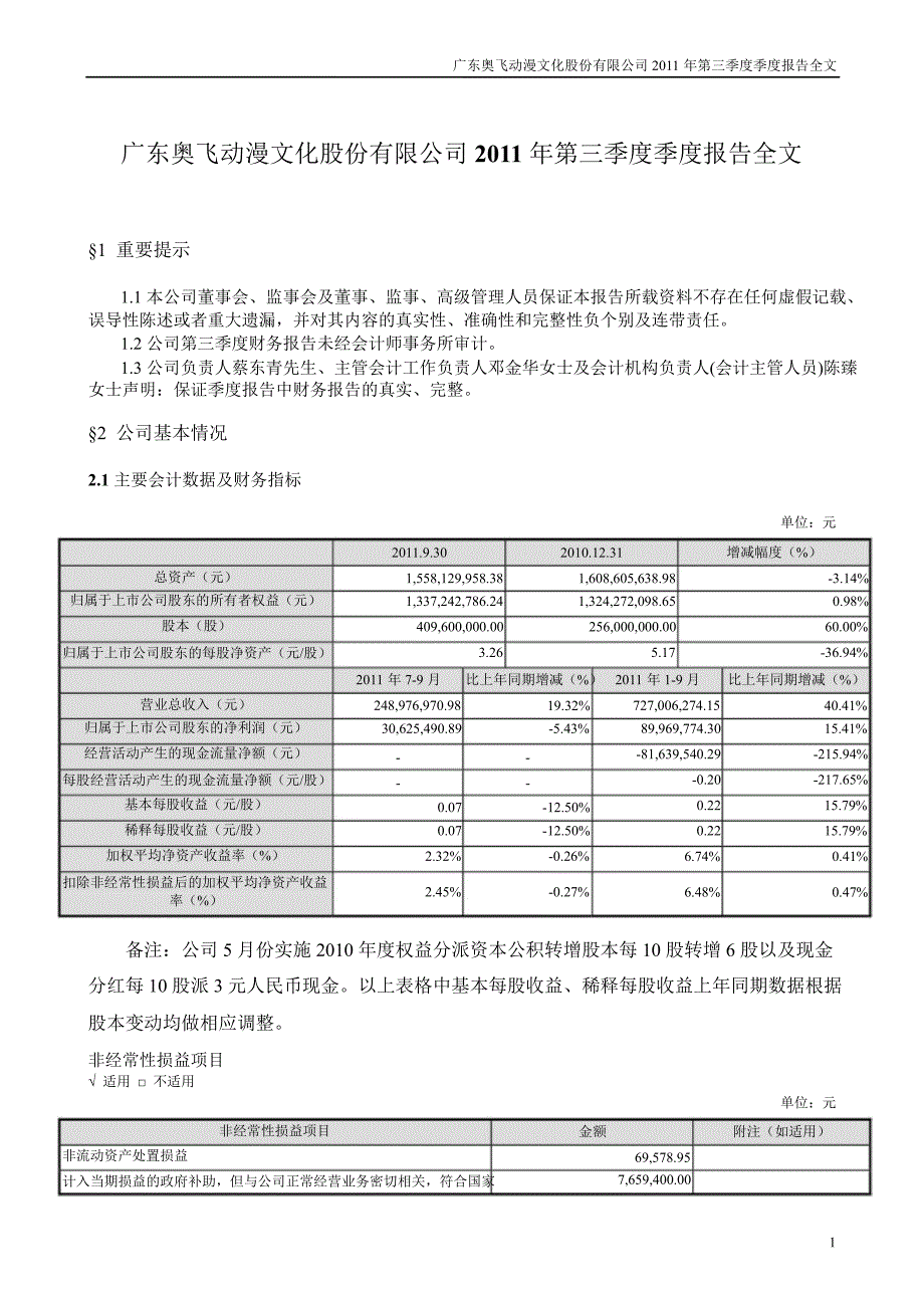 奥飞动漫第三季度报告全文_第1页