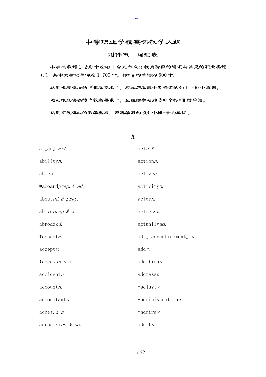 中等职业学校英语教学大纲设计——附件五：词汇表格_第1页