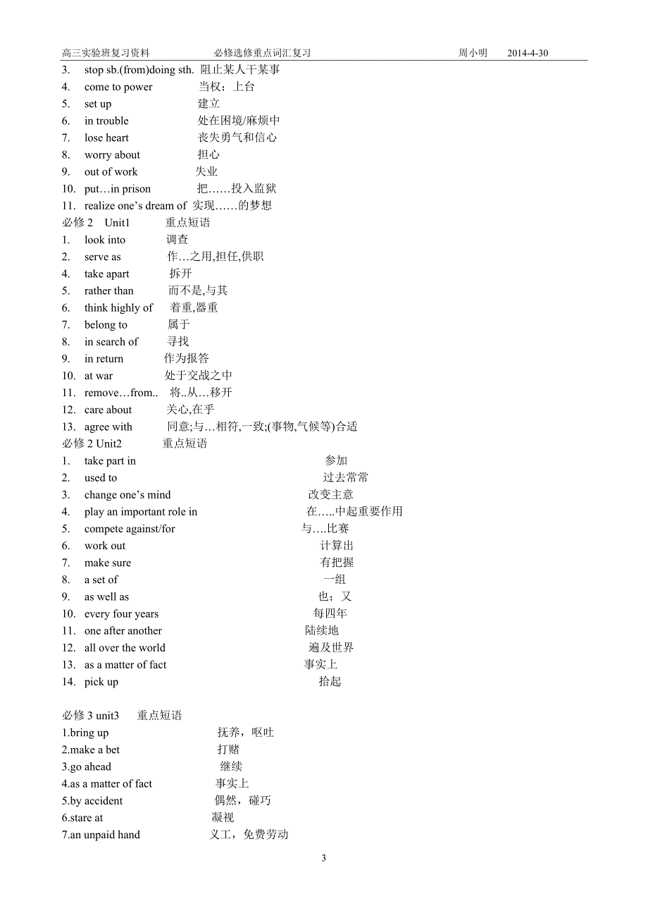 人教版高中英语必修一到选修八短语_第3页