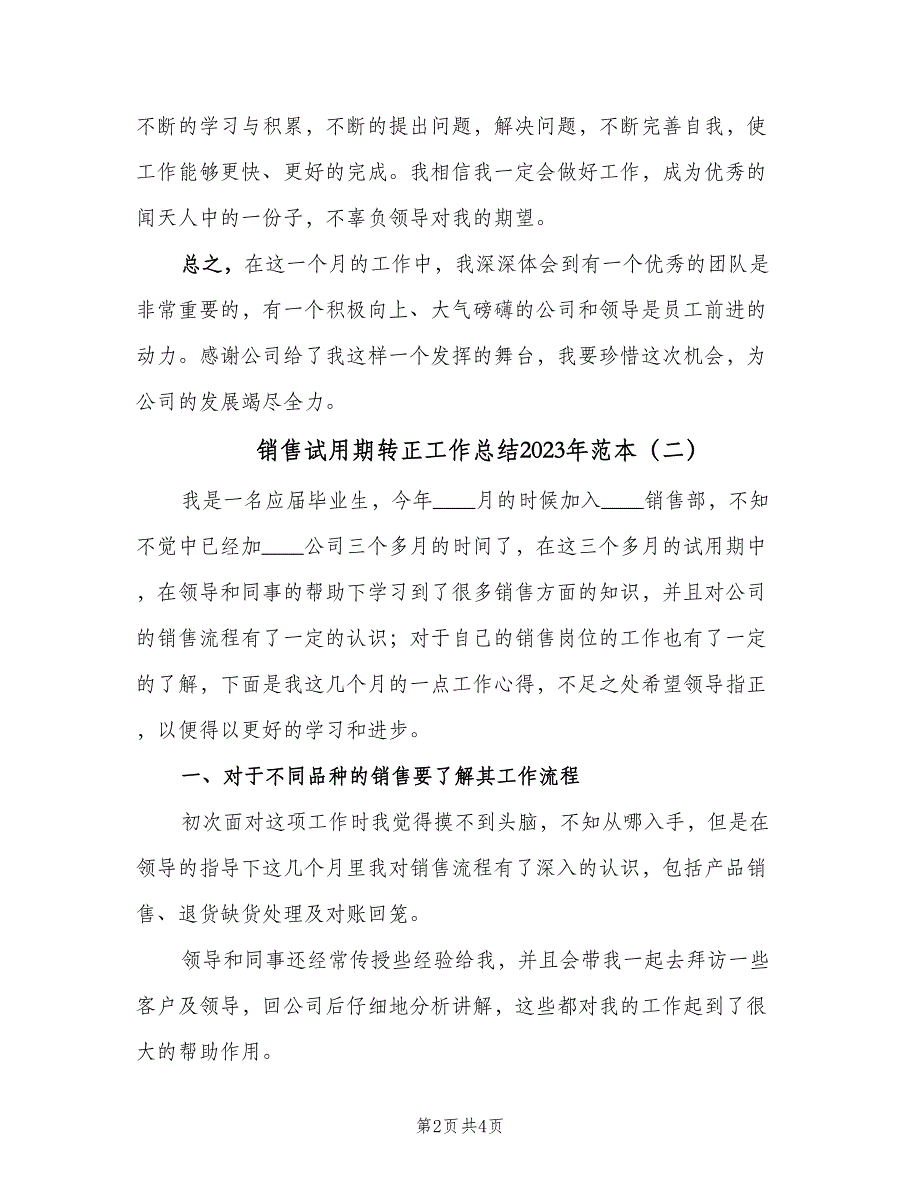 销售试用期转正工作总结2023年范本（二篇）.doc_第2页