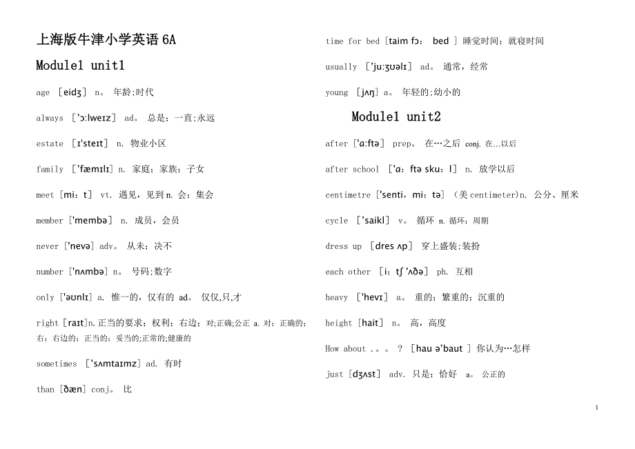 上海版牛津小学英语6A单词汇总.doc_第1页