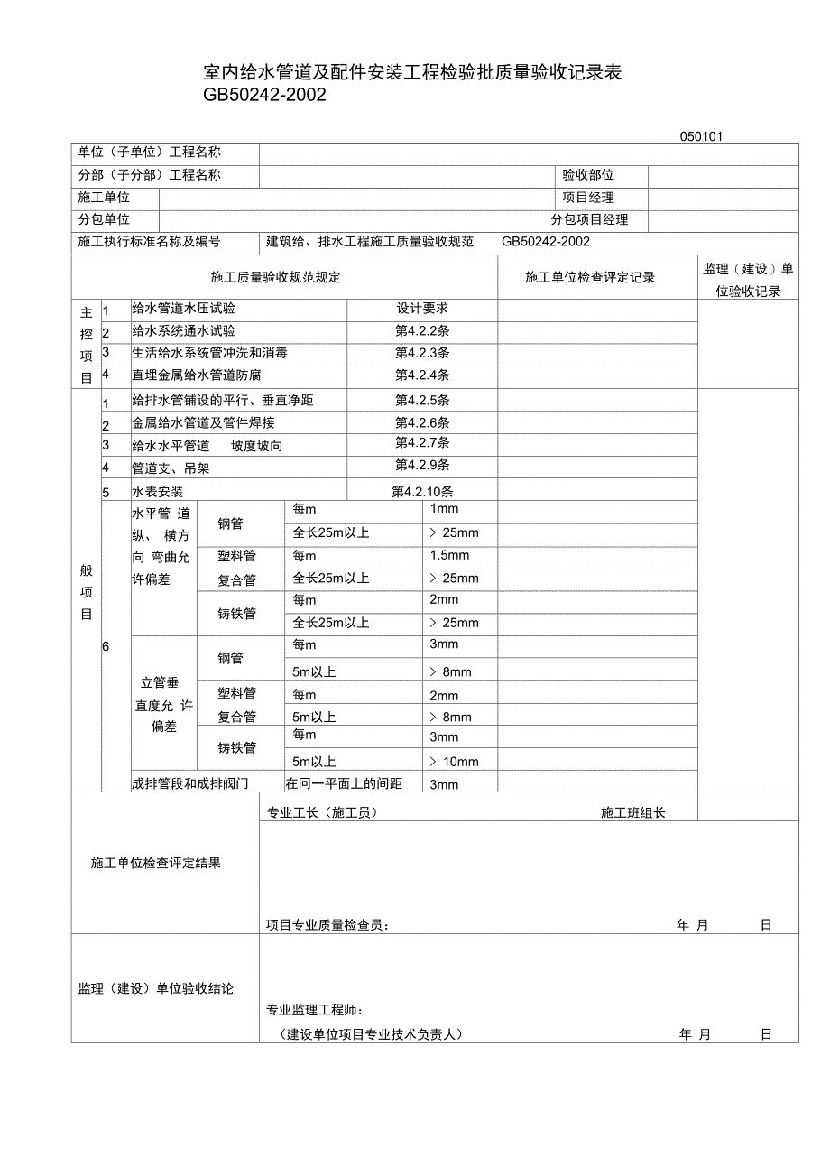 室内给水管道及配件安装工程检验批质量验收记录表_第1页