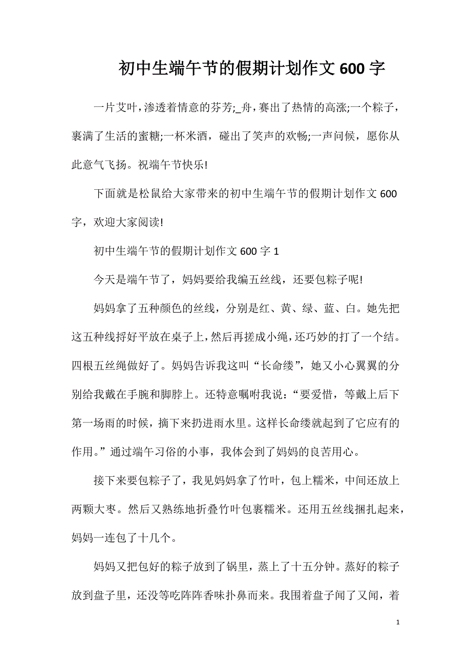 初中生端午节的假期计划作文600字.doc_第1页