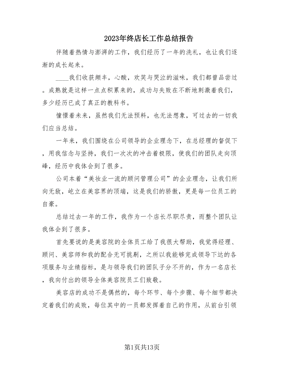 2023年终店长工作总结报告（9篇）_第1页