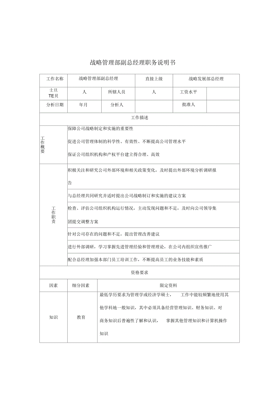 企业战略管理部副总经理岗位职务描述_第1页