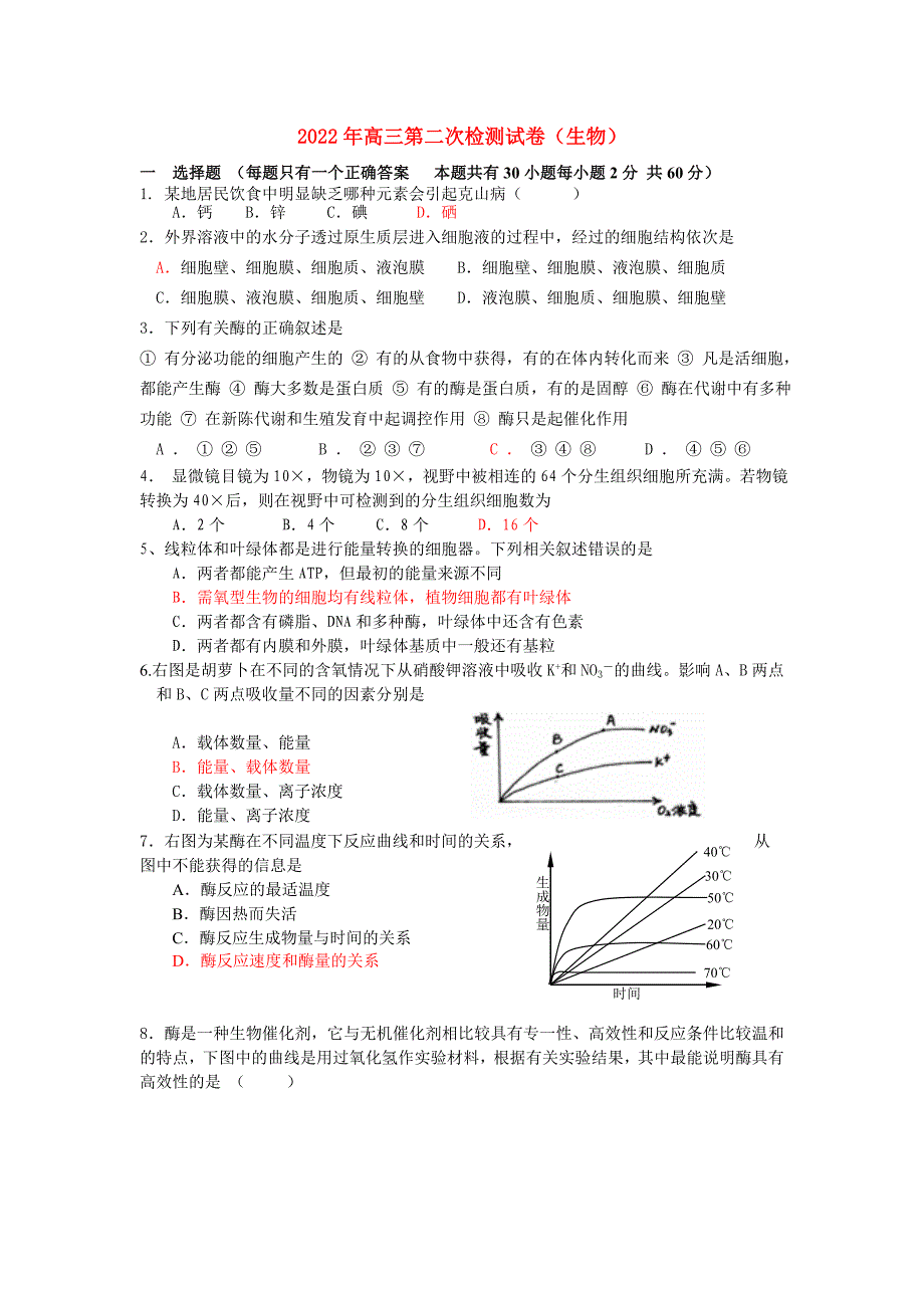 2022年高三第二次检测试卷（生物）_第1页