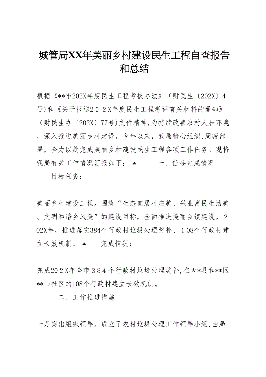 城管局年美丽乡村建设民生工程自查报告和总结_第1页